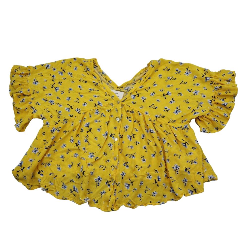 Love Shirt Womens S Yellow Crop Flared Short Sleeve VNeck Button Blouse